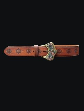 Danier Brown Leather Belt with Floral-Accent Buckle